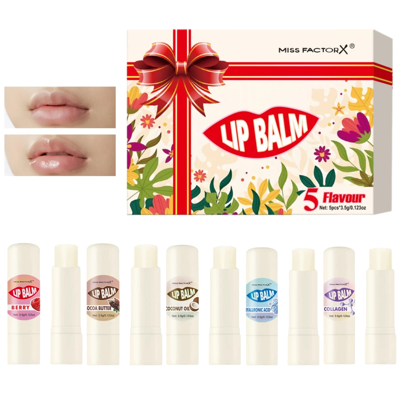 Premium gift set 5PCS/box Lip balm set Hyaluronic acid Long-lasting moisturizing Glossy Suitable for dry lips Valentine’s Day gi Qme