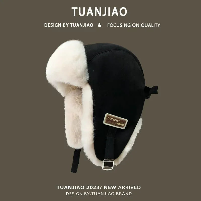 Winter Warm Ear-protecting Hat Outdoor Cycling Retro Fleece Plush Lei Qme black One Size