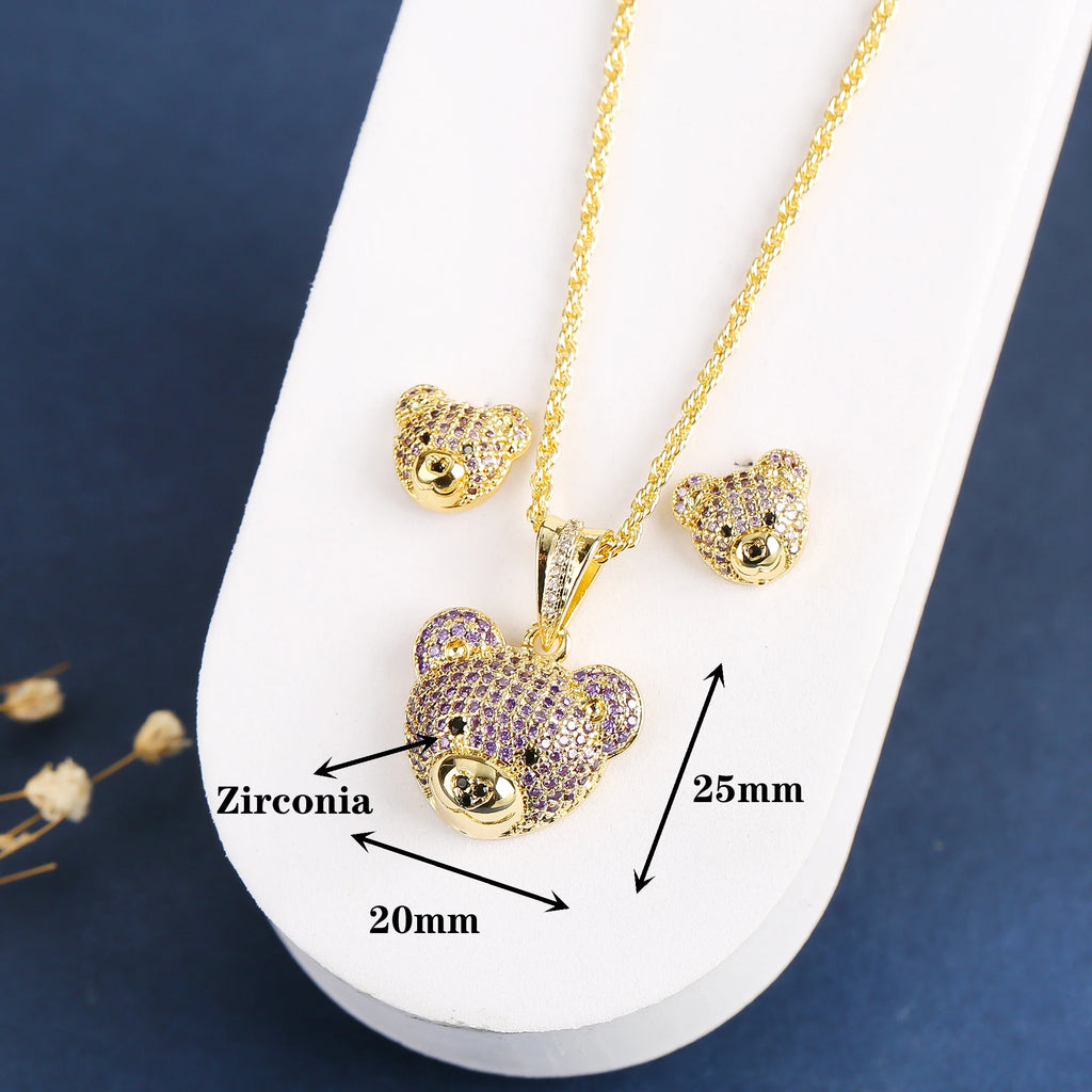 3pcs Exquisite Shiny White Red Zirconia Bear Jewelry Set Necklace Earrings Ring Cute Animal Jewelry Accessories For Women Girls Qme