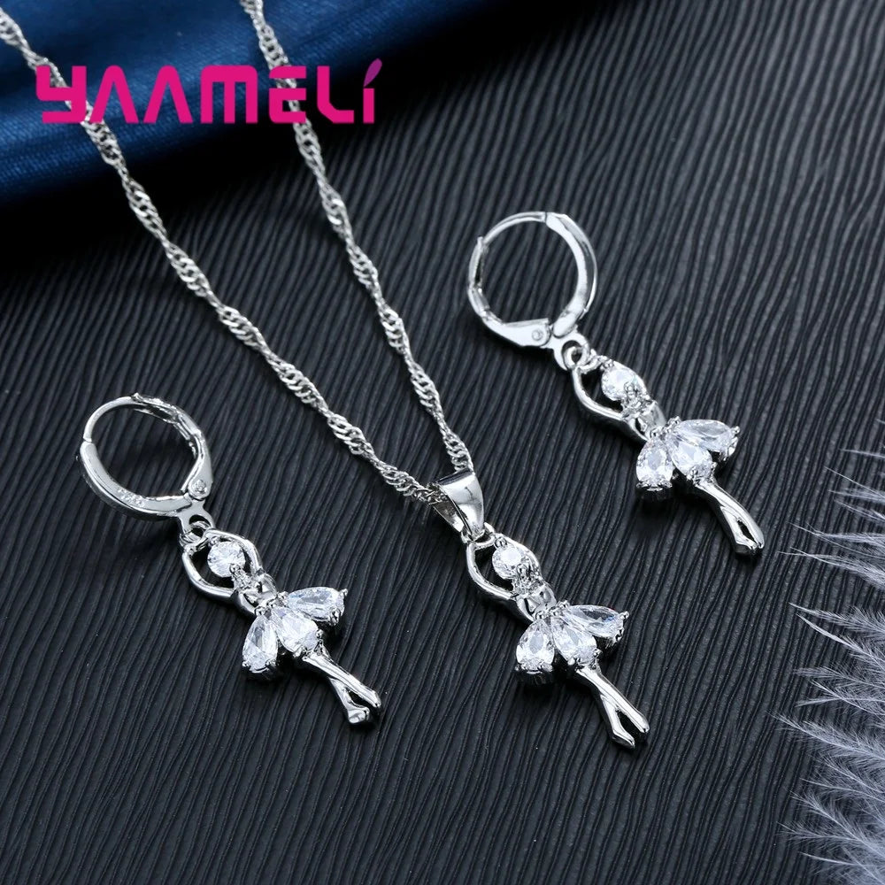 High-End Women Jewelry Sets Ballet Girls Figure Lady Usual 925 Sterling Silver Color Necklace And Hoop Earrings Accessory Qme