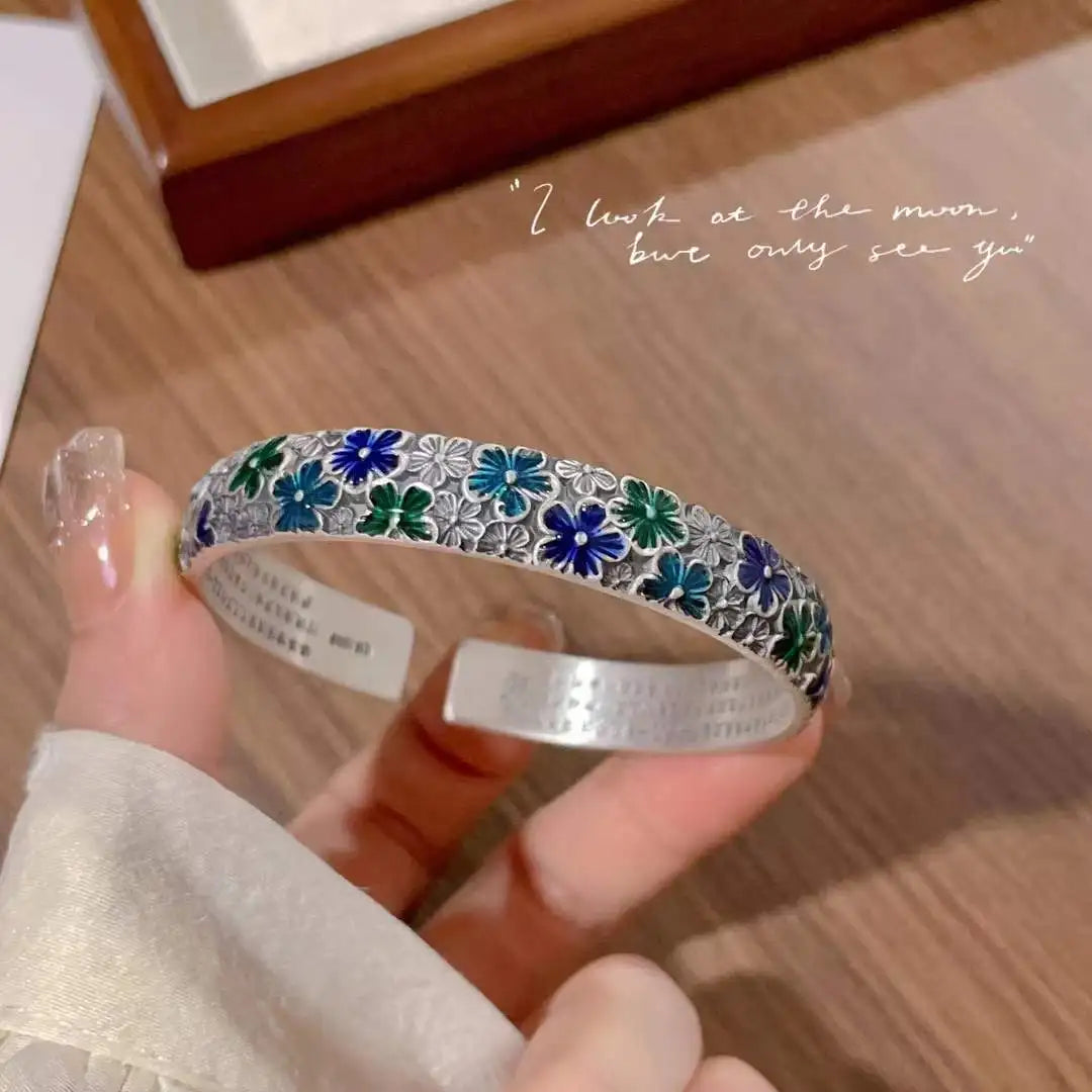 Blooming Flowers Like Brocade Enamel Plum Blossom Open Bangle Bracelet New Chinese Retro Enamel High Grade Solid Bracelet Qme Blue Zinc Plated