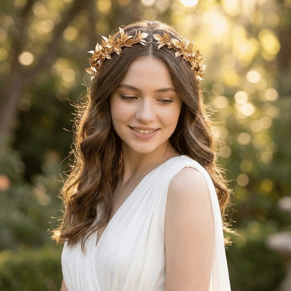 Vintage Gold Bride Wreath Headband Handmade Braided Maple Leaf Wedding Crown Delicate Ribbon Headwear Qme