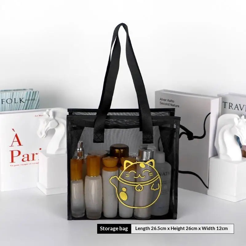 Fashion Clear Beach Tote Bag with Zipper Flower Cartoon Wash Bag Nylon Mesh Transparent Bag Woman Qme A3
