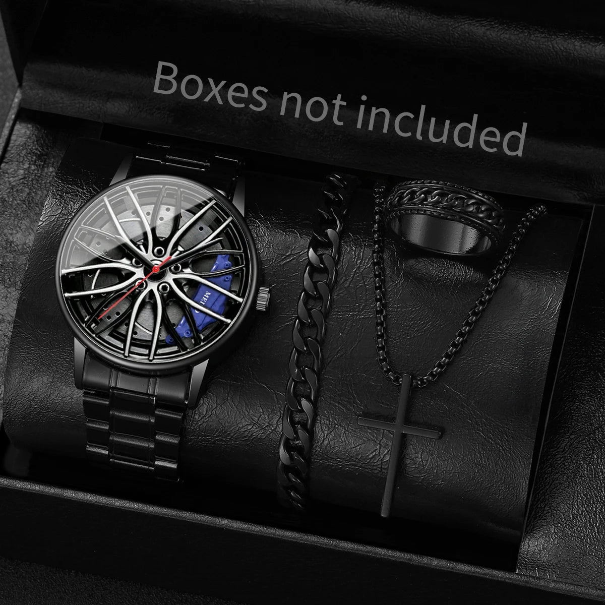 4PCS/Set Fashion 3D Car Wheel Dial Men Sports Watch Luxury Steel Band Quartz Wristwatches Jewelry Set Reloj Hombre（Without Box） Qme Blue Without Box