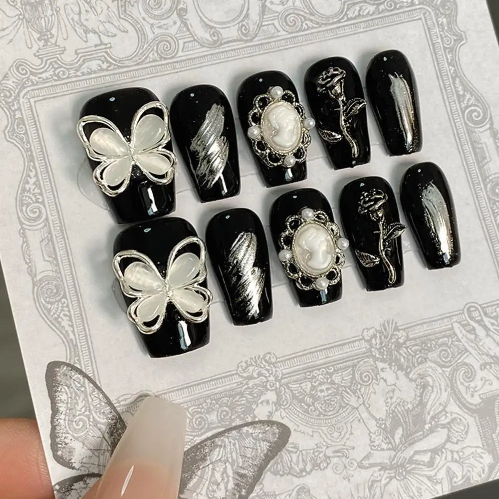 Press Nails Milky Crystal Butterfly Artificial Nail Retro Rose Fake Qme