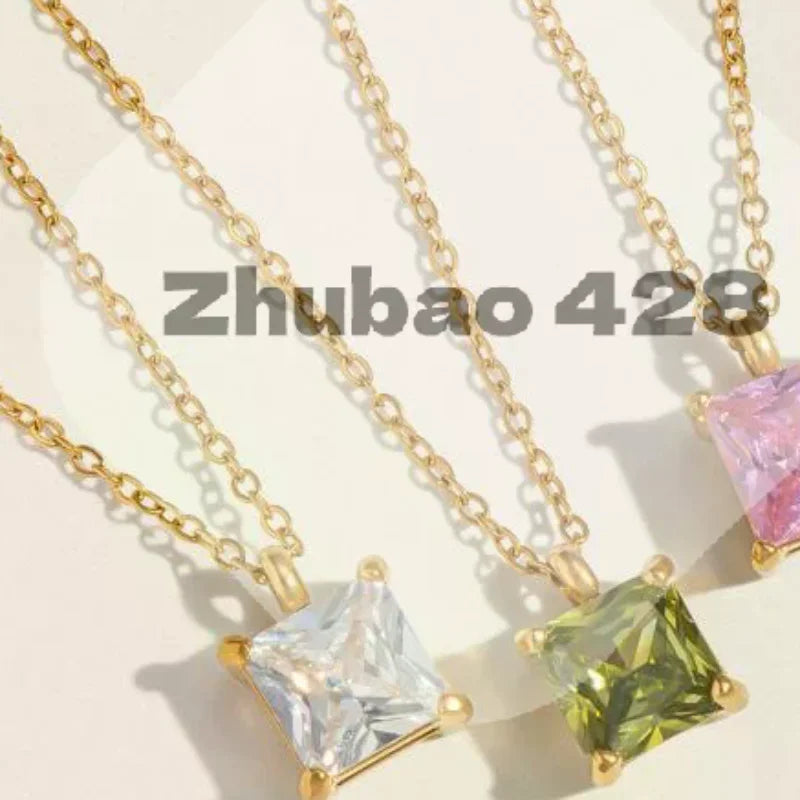 Minimalist Stainless Steel Pendant Necklace Square Colorful Zircon Jewelry for Work Business Casual Outfit Qme