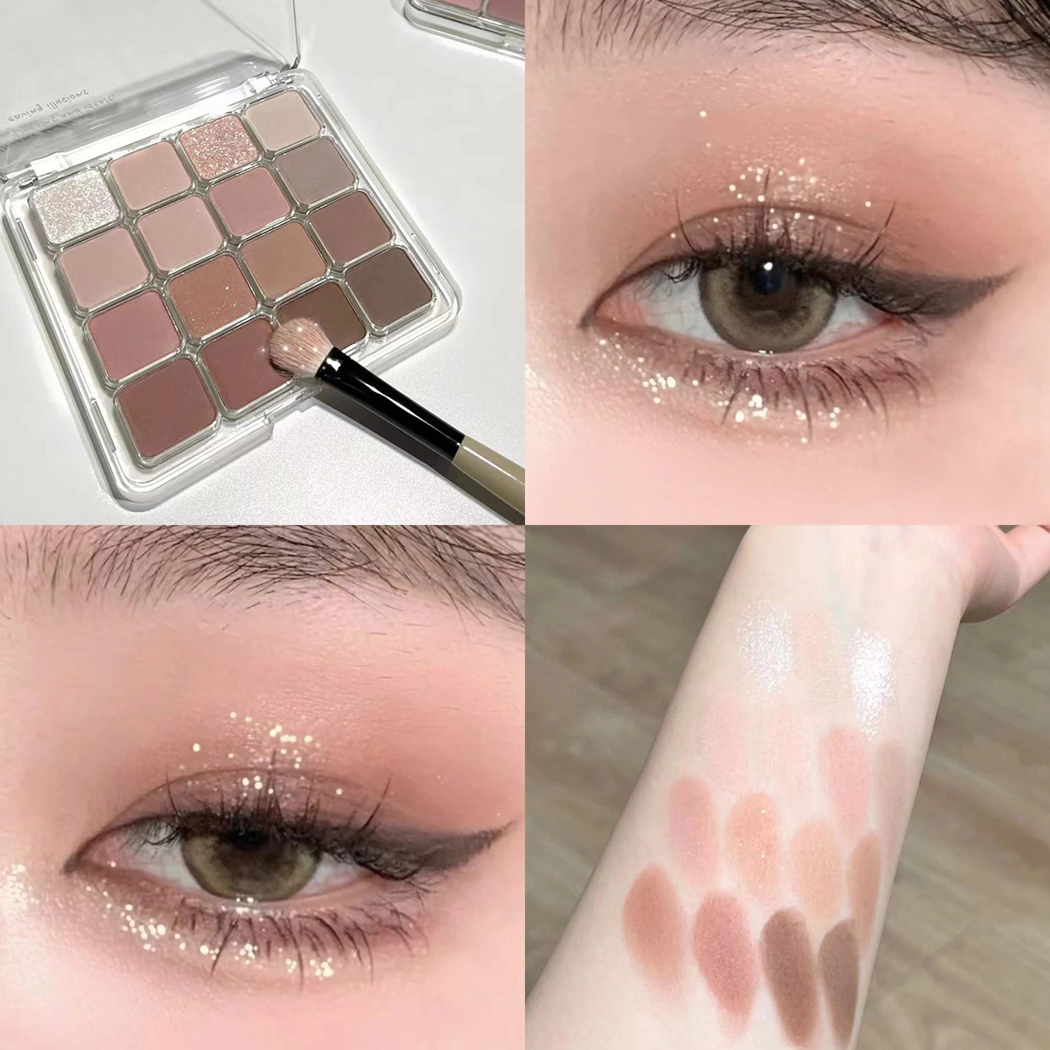 16 color eyeshadow palette - Glitter, matte and shimmer finish in gentle fall and winter tones of blue, brown, coral and pink Qme