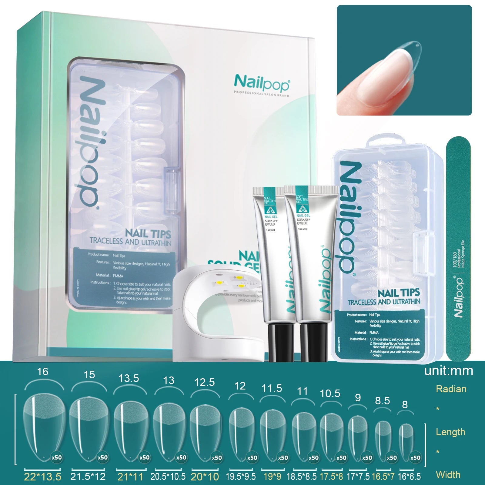 Nailpop Salon Nail Soft Gel Polish UV LED Lamp Tips Double File DIY Qme MJT-SET-BS14