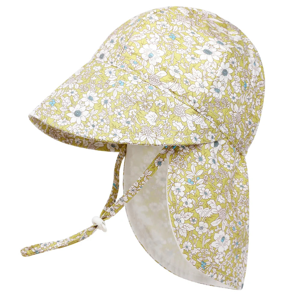 Cute Kids Sun Hat Floral Print Wide Brim Hat with Windproof Rope Summer Beach Hat for Boys Girls Vacation Outdoor Qme Yellow