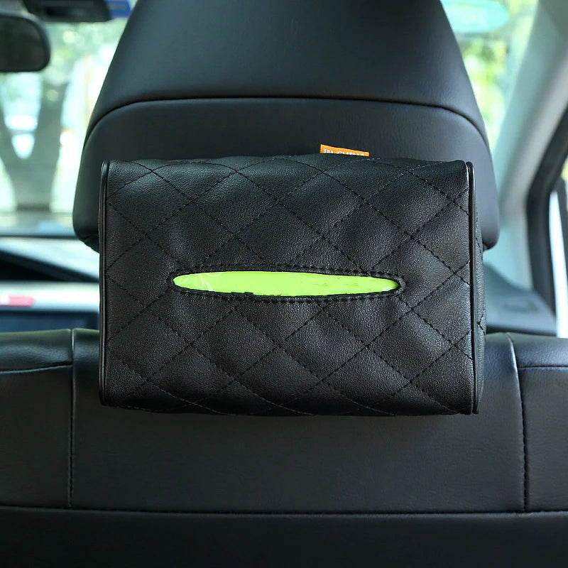 Solid Color Checkered Leather Wear-Resistant Tissue Box Car Seat Back Sunshade Hanging Tissue-Bag Buckle Strap Easy Installation Qme