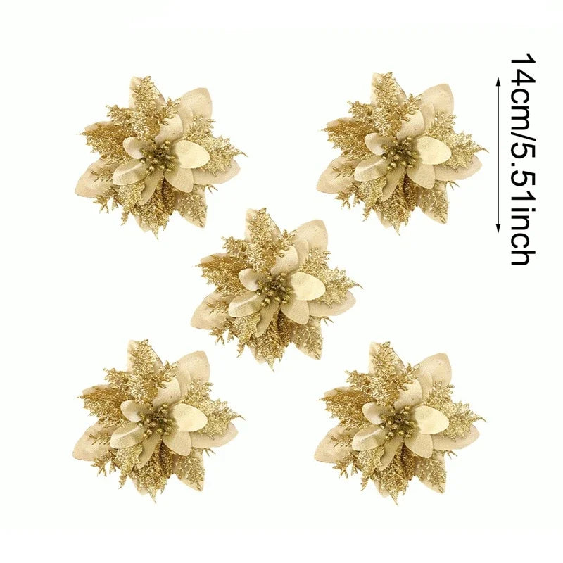 Glitter Christmas Flowers Xmas Tree Ornaments Christmas Decorations for Home 2025 Navidad Noel Natal Gifts New Year 2026 Qme Gold 5PCS
