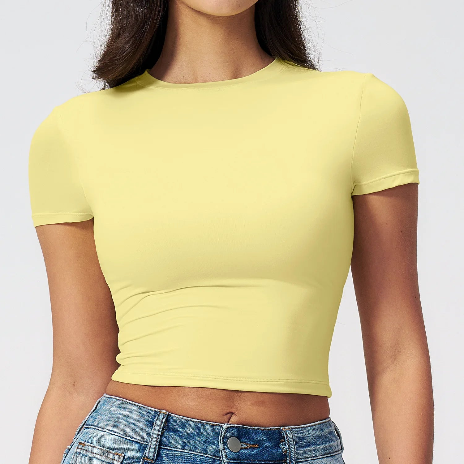 A Women Running Sports T Shirt Summer Short Sleeve Round Neck Breathable Stretchy GYM Yoga Slim Fitness Active Top Tee Qme lemon yellow S