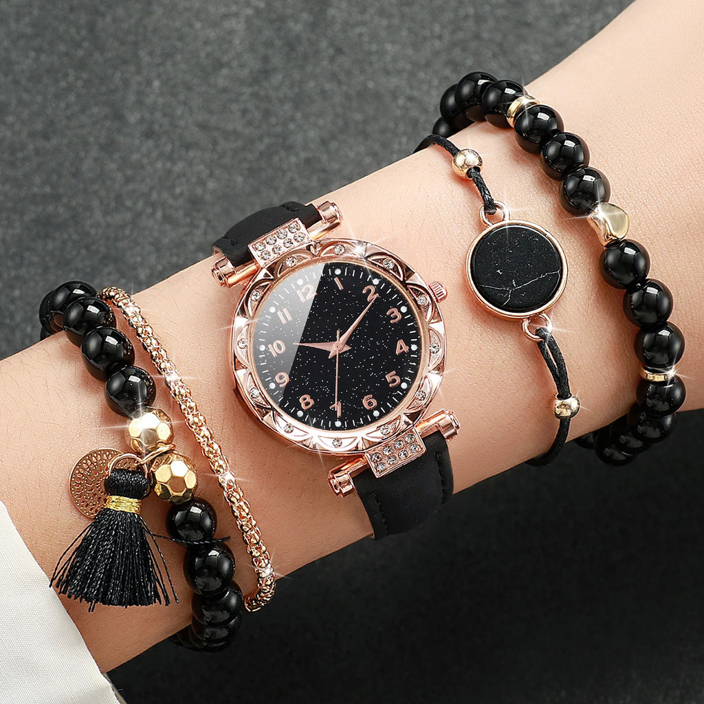 5PCS/Set Rose gold black glitter starry sky dial women's black belt watch 4-piece set bead bracelet, not including gift box Qme HH10524