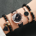 5PCS/Set Rose gold black glitter starry sky dial women's black belt watch 4-piece set bead bracelet, not including gift box Qme HH10524