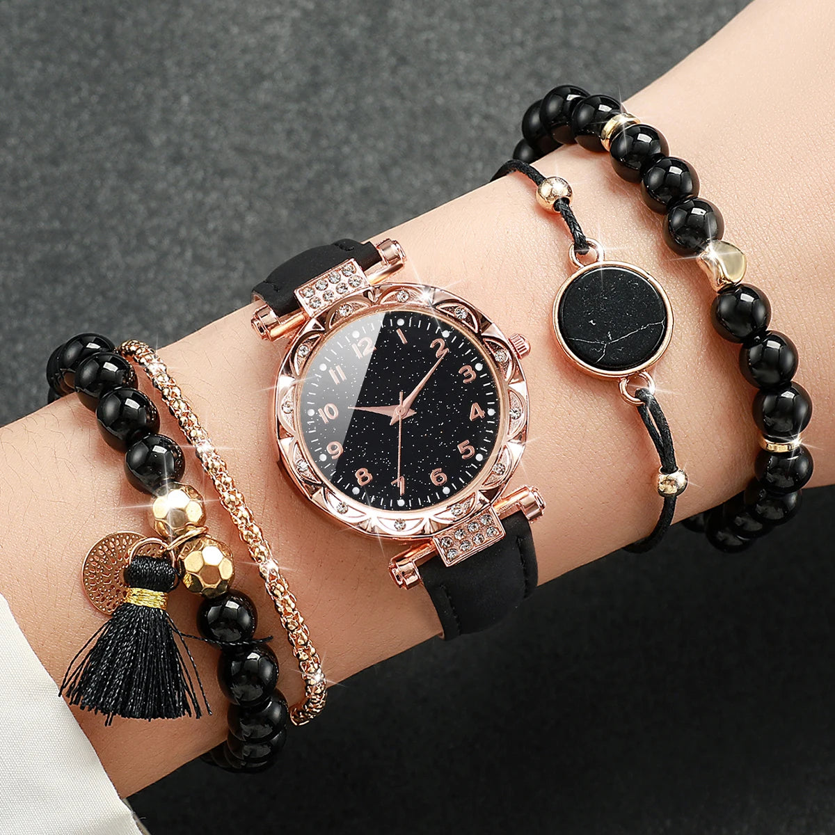 5PCS/Set Rose gold black glitter starry sky dial women's black belt watch 4-piece set bead bracelet, not including gift box Qme HH10524
