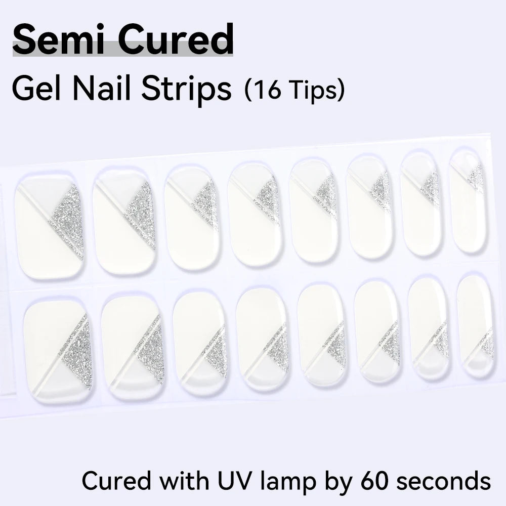 16Tips Semi-cured Gel Nail Sticker Colorful French Glitter UV LED Qme NF240070