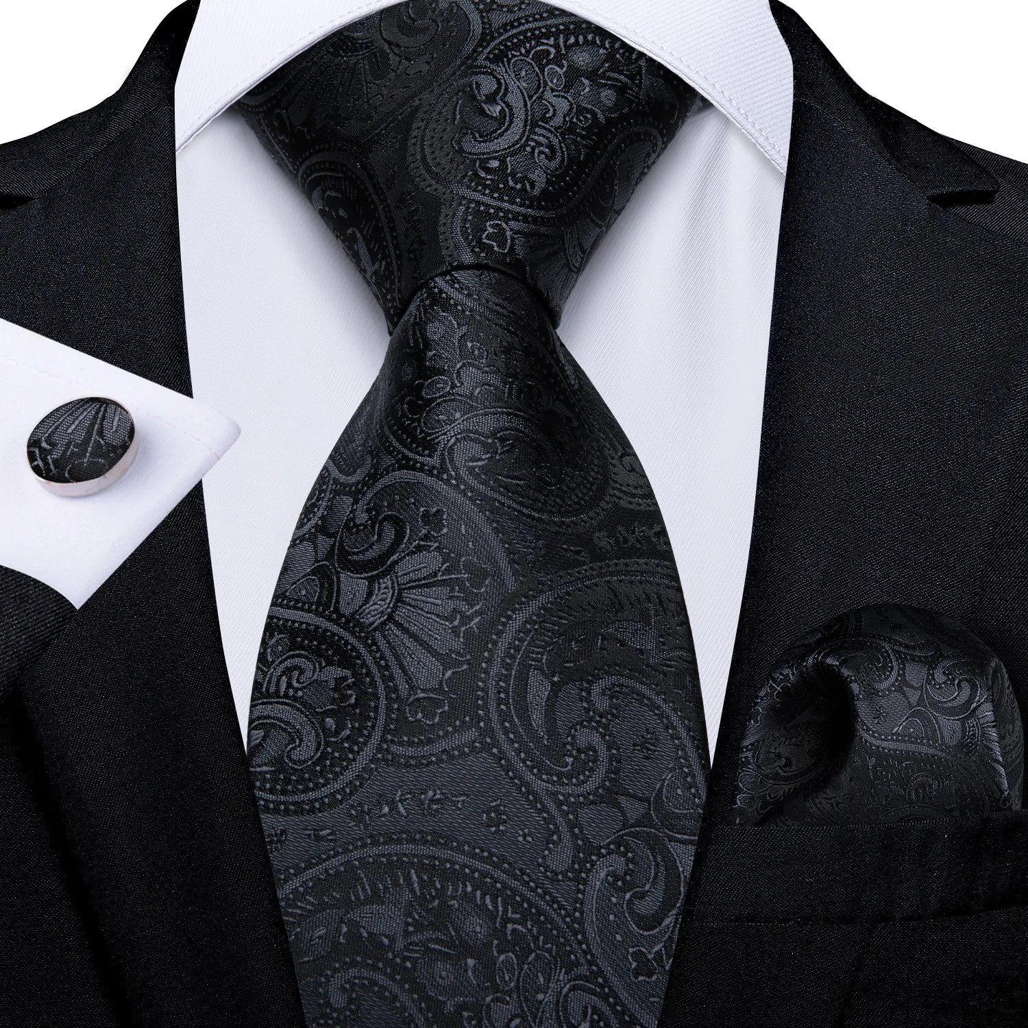 Tie Set for Men, 3-Piece Wedding Accessories with Cufflinks & Pocket Handkerchief, Striped/Floral Design Qme DPTH-HT-LDSN1494