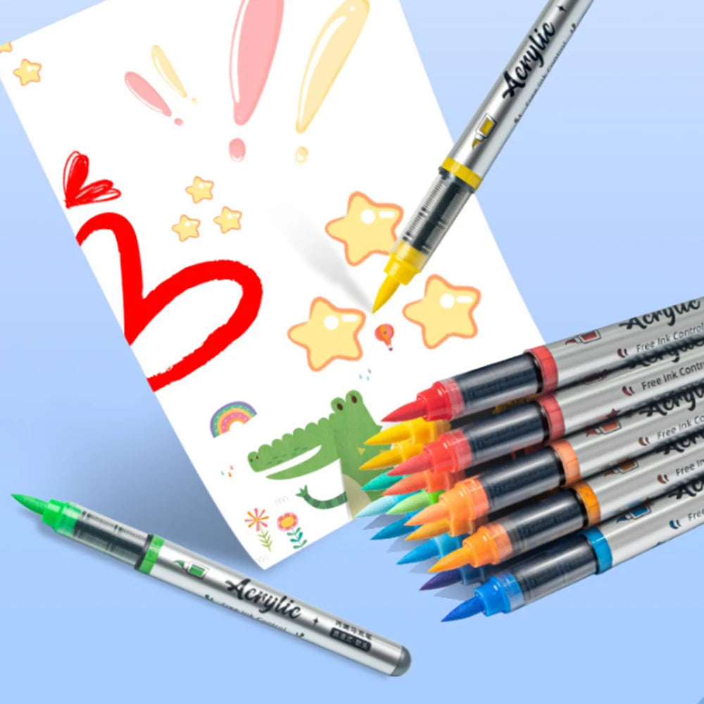 Acrylic Paint Pens Set 12 Pcs Brush Tip Acrylic Paint Pens Set for Artist Creation DIY Handcraft General Painting Stationery Qme