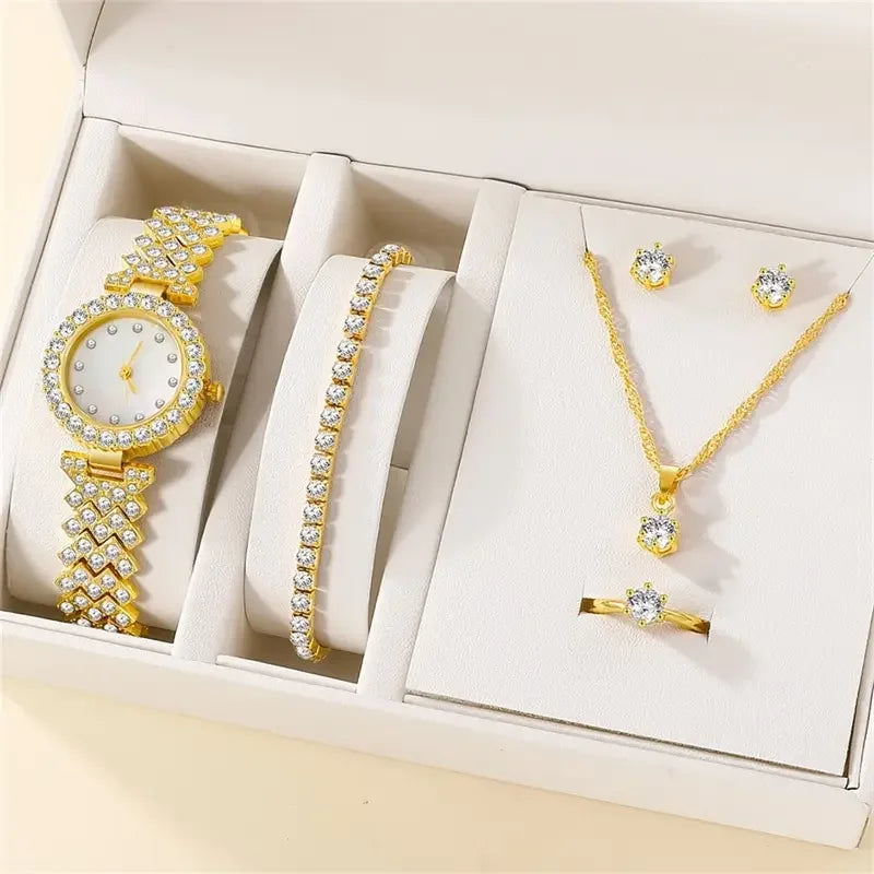 20266PCS Set Luxury Watch Women Ring Necklace Earring Rhinestone Fashion Wristwatch Casual Ladies Watches Bracelet Set Clock Qme