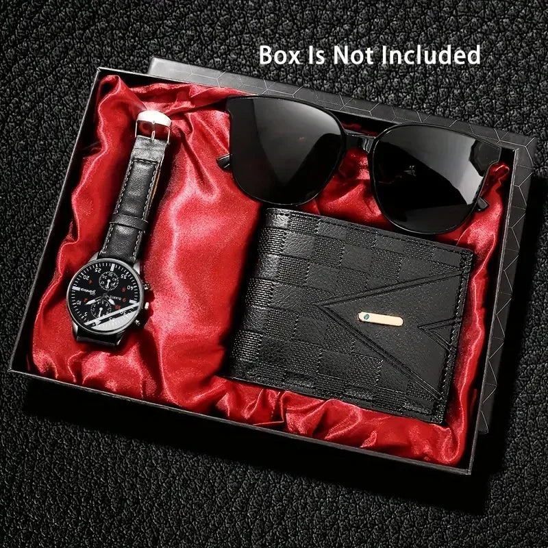 Relógio de movimento de quartzo versátil masculino, óculos de sol bonito, carteira casual, presente perfeito para festa 3 peças Qme Preto