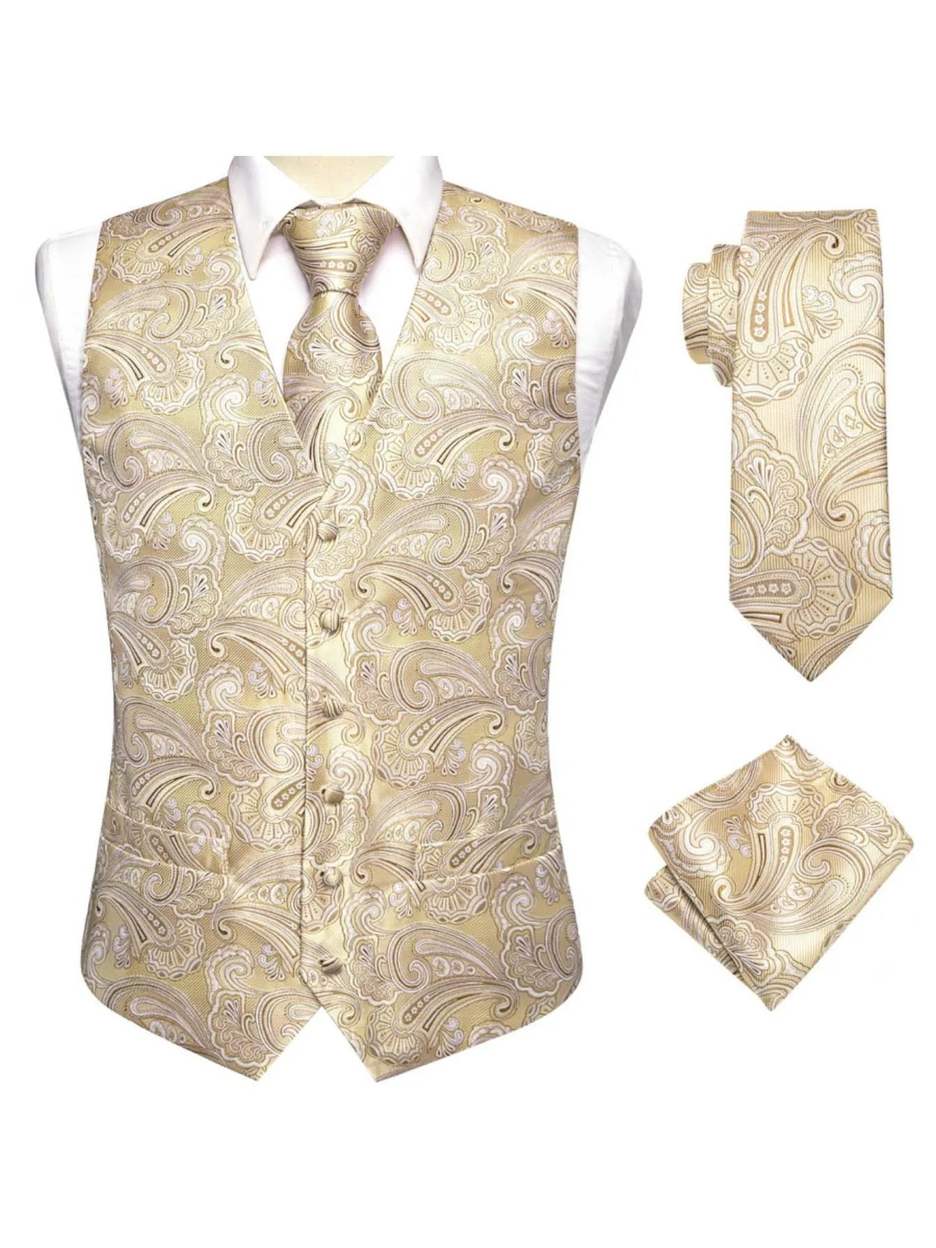 Apricot Men Vest Three-Piece Suit Set, Dress Waistcoat with Tie and Pocket Square for Party Ceremony Qme MJ-3017 XXL