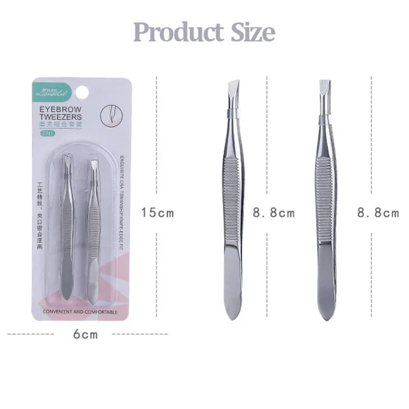 2Pcs/Set Professional Slanted/flat Stainless Steel Hair Removal Clip Eyebrow Face Hair Remover Tweezers Eyebrow Plucking Tools Qme