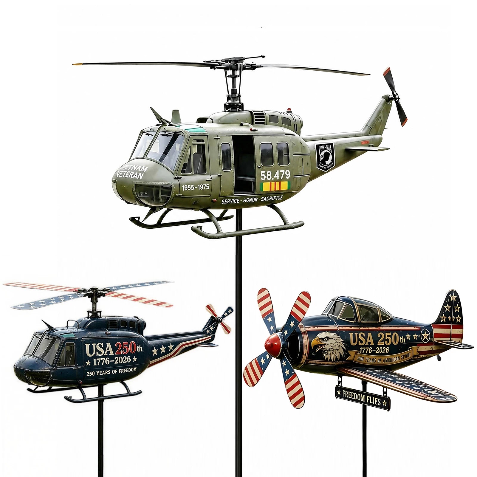Metal Helicopter Wind Spinner with Spinning Propeller Patriotic Helicopter Windmill Stake for Patio Garden Terrace Balcony Decor Qme