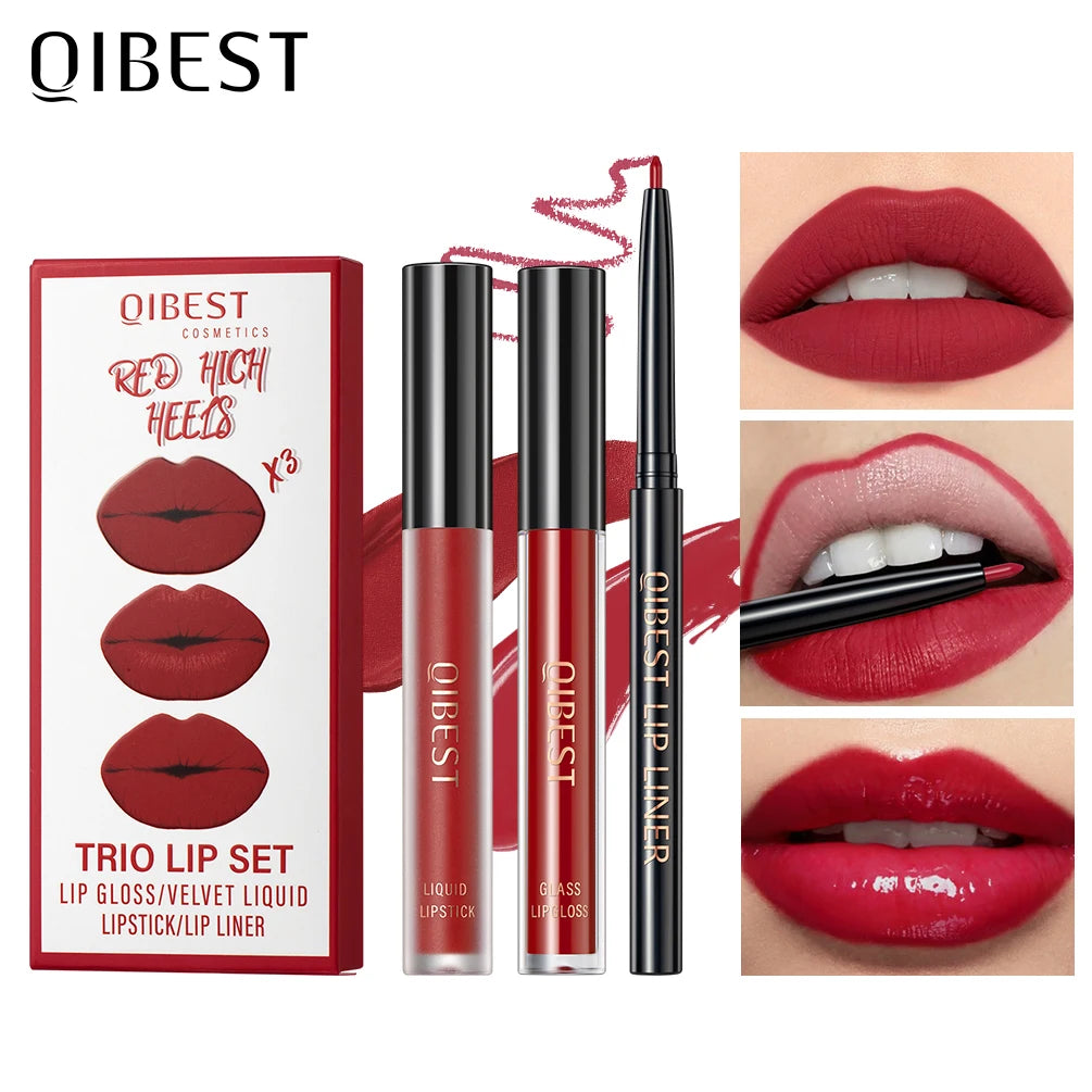 QIBEST Matte Liquid Lipstick&Lip Liner&Lip Gloss 3Pcs Sets Long Lasting Non-stick Cup Red Black Purple Lip Tint Cosmetics Kits Qme