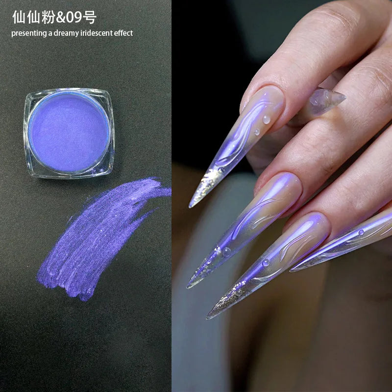 Icy Aurora Glitter Powder, Fairy Nail Glitter with Polarizing Shine, Transparent Holographic Mirror Glitter for Nail Art, 1g Qme 09