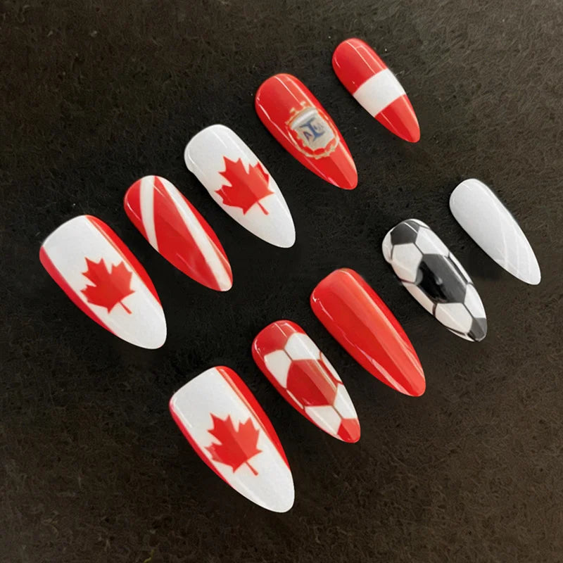 Stylish Canada National Team Almond Full Cover Press On Nails Sophisticated Canada National Symbol Design Fake Nails Qme