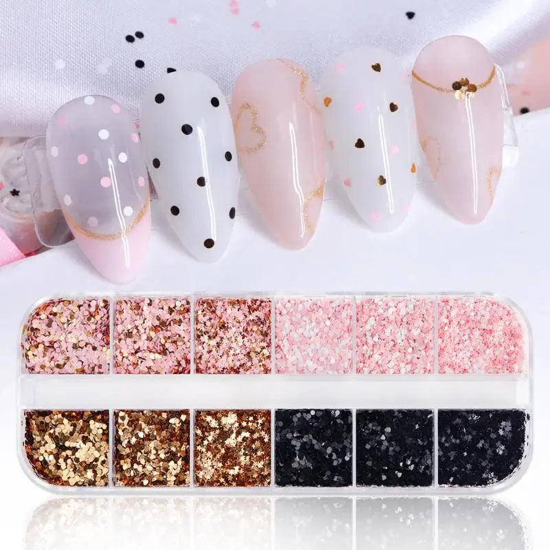 12 Grids Nail Decoration Star Heart Round Shape Art Glitter Sequins Qme