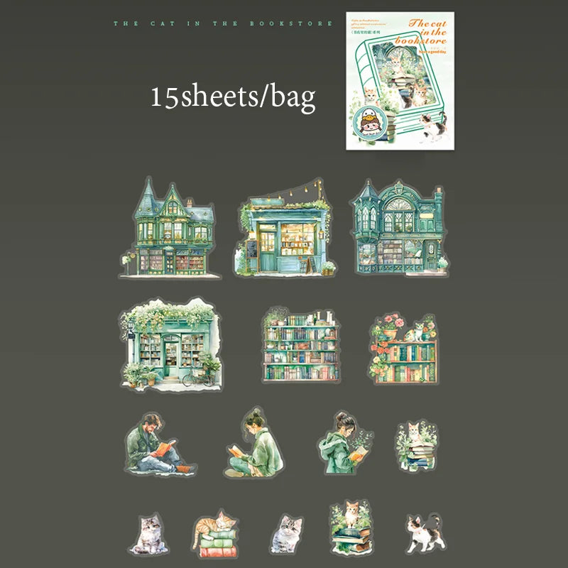 Sticker Pack 15 Sheets/Bag Bookstore Reading Cat Scrapbook Stationery DIY Journal Phone Case Notebook Decoration Qme 1