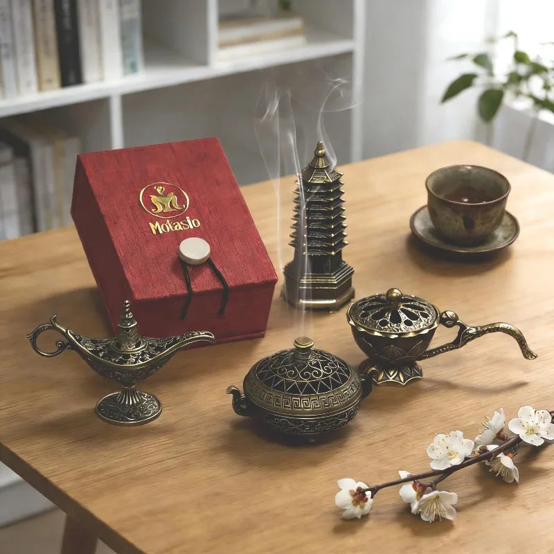 Mini Metal Incense Burner Retro Ornate Pagoda Fu Pouch Lotus Styles Qme