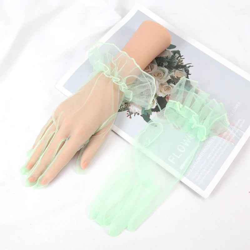 Sexy Transparent Lace Black White Gloves Solid Fashion Women Drive Qme light green