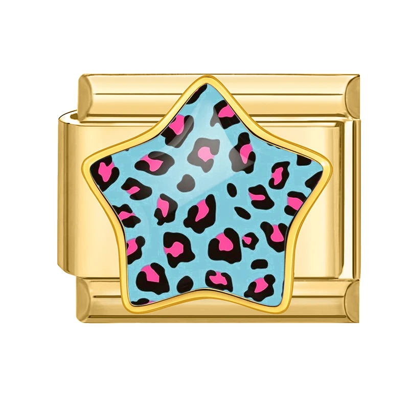 2026 Colorful Blue Rose Leopard Print Stars Zebra Golden Italian Link Fit 9mm Stainless Steel Charms Jewelry DIY Bracelets Gift Qme Style 4