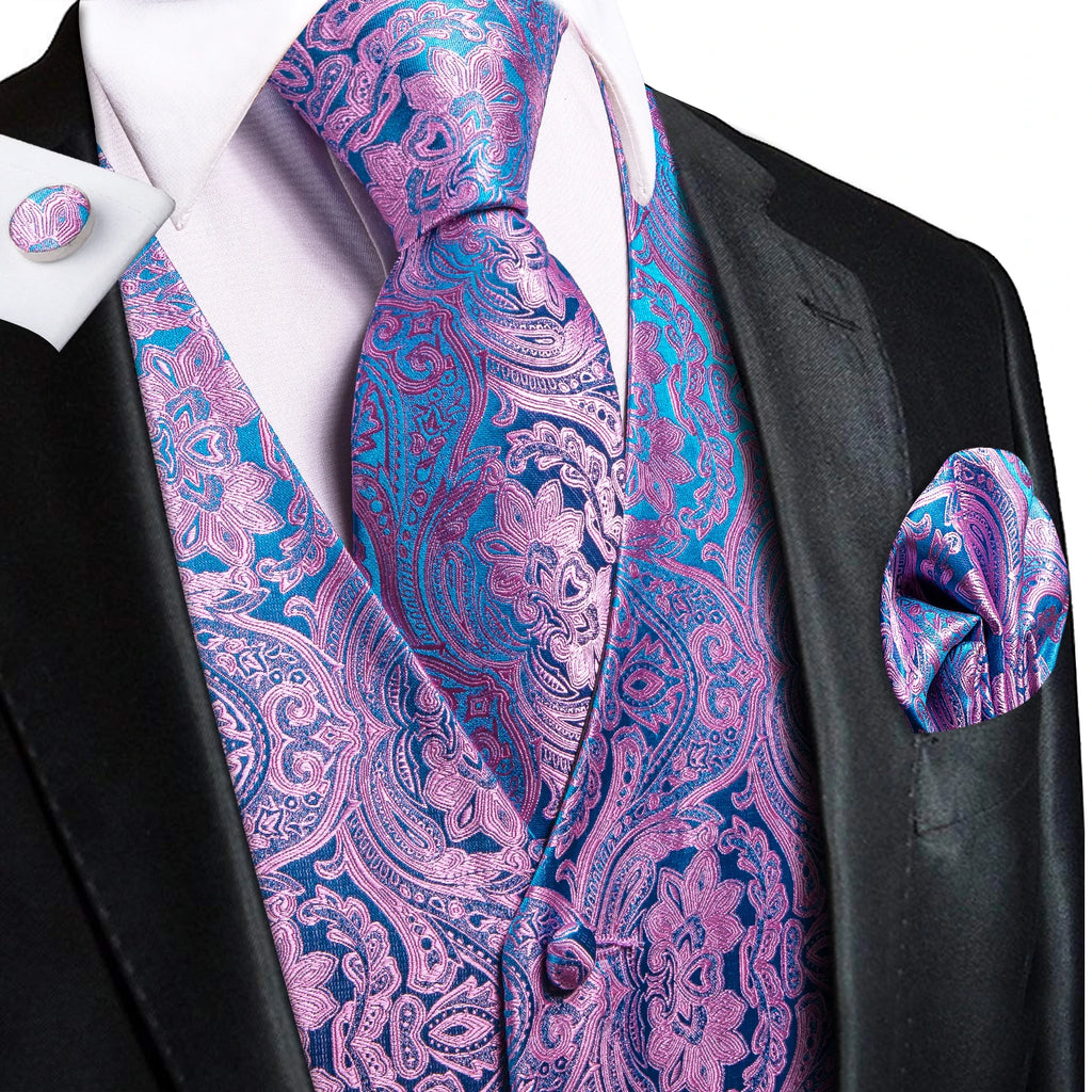 Wedding Purple Men Vest Paisley Floral Necktie Handkerchief Cufflinks Qme