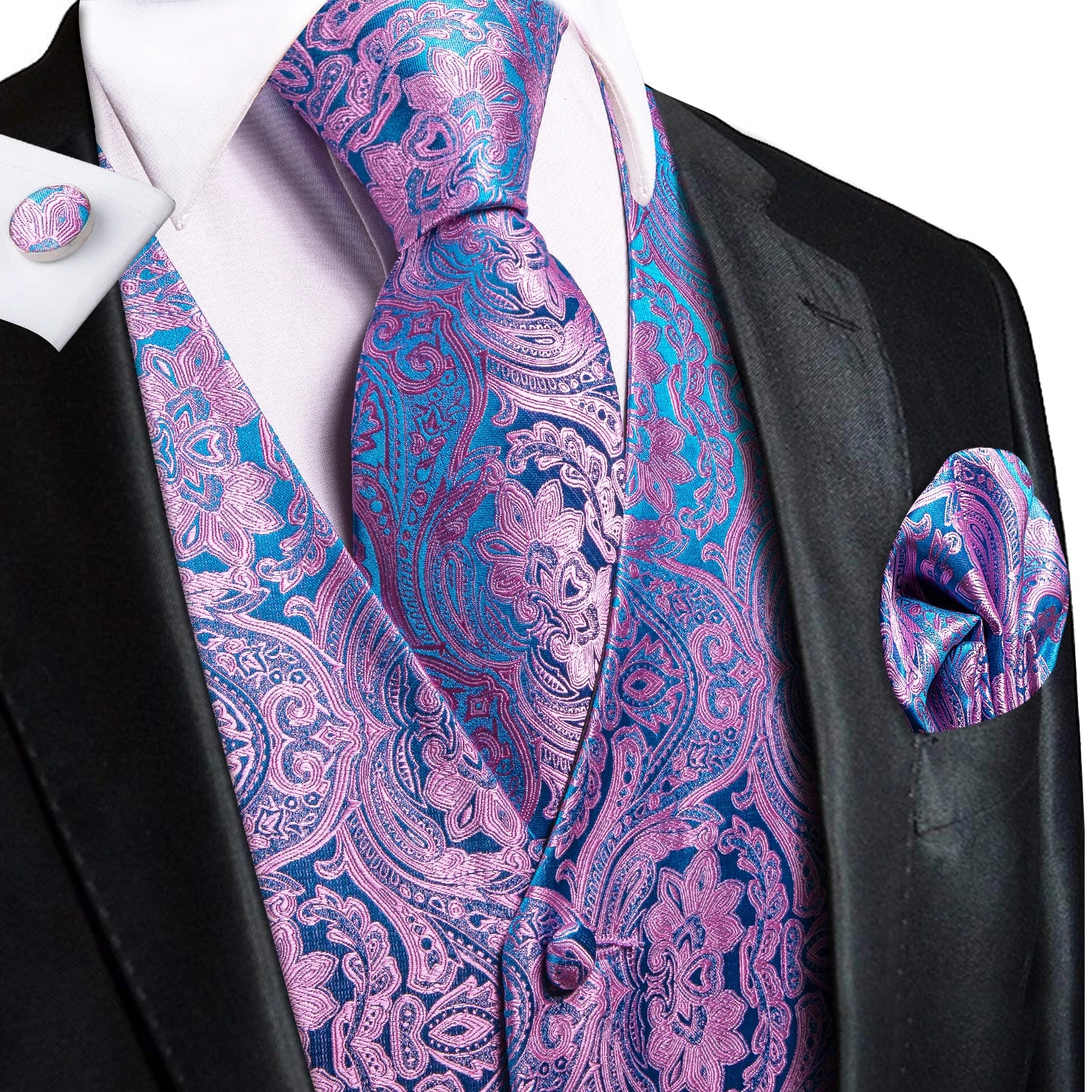 Wedding Purple Men Vest Paisley Floral Necktie Handkerchief Cufflinks Qme