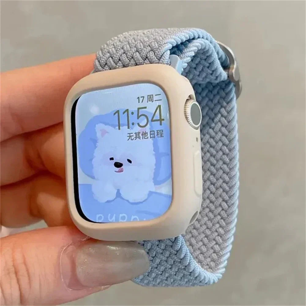 Korean Cute Braied Strap + Case For Apple Watch Band 49mm 41mm 45 44 38 42 Nylon Bracelet For iWatch Series 9 8 7 6 5 4 3 SE 40 Qme
