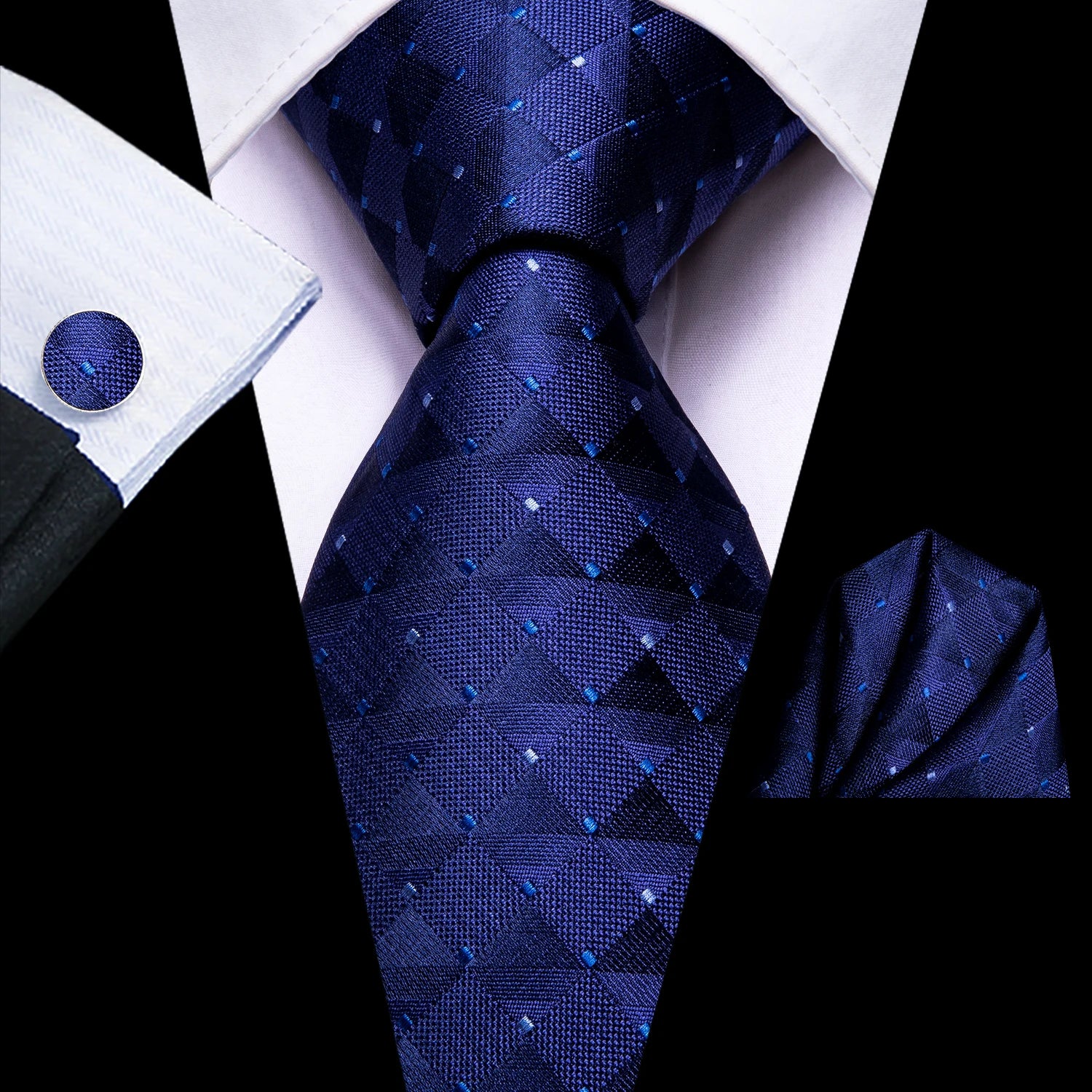 Extra Long Tie Set for Men, 3-Piece Wedding Accessories with Cufflinks & Pocket Handkerchief, Striped/Floral Design Qme DPTH-LDSN3525