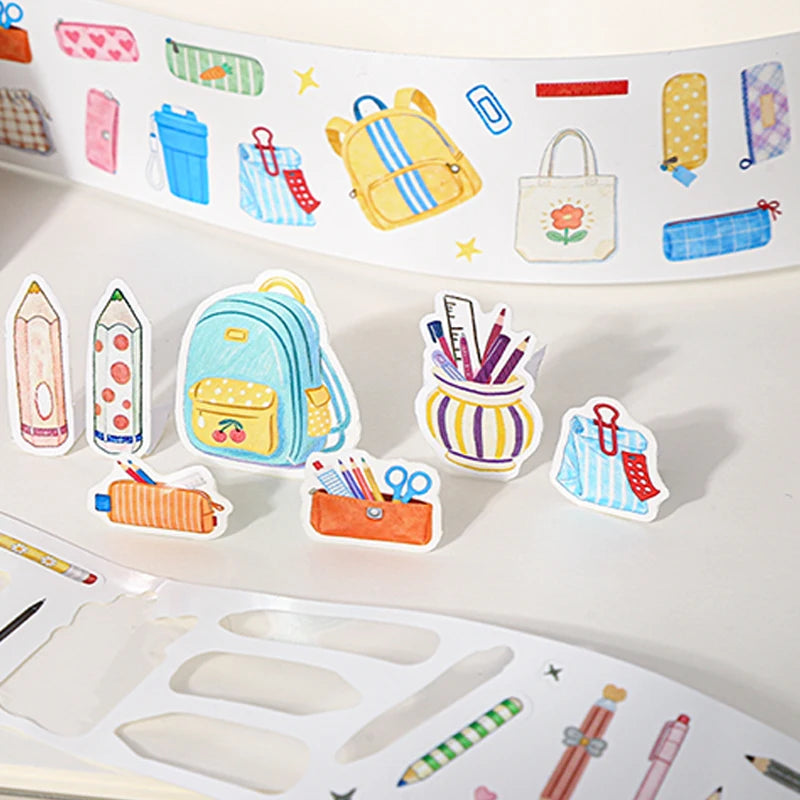 Watercolor Style Campus Stationery Washi Tape, Multi-Pattern Cartoon School Supplies for Themed Scrapbooking & Decoration Qme