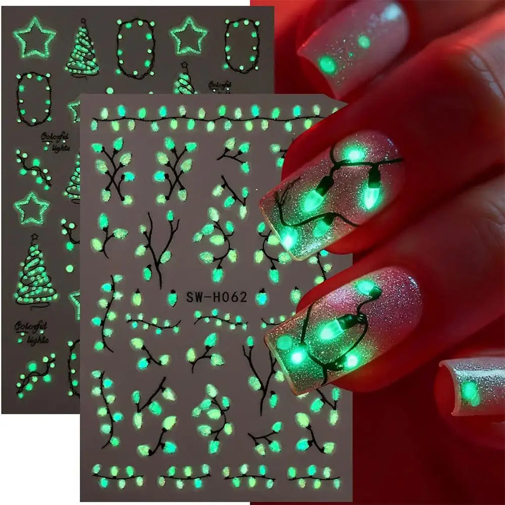 Christmas Nail Art Stickers Decals Luminous Xmas Stars Trees Nail Stickers Glow In Dark Christmas Light Nail Stickers Decoration Qme