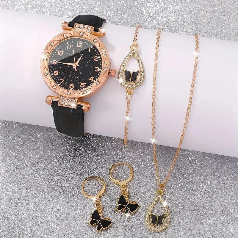5PCS/Set Luxury Women Watches Rhinestone Fashion Elegant Wristwatch Quartz Watch Ladies Clock For Girl Gift Qme