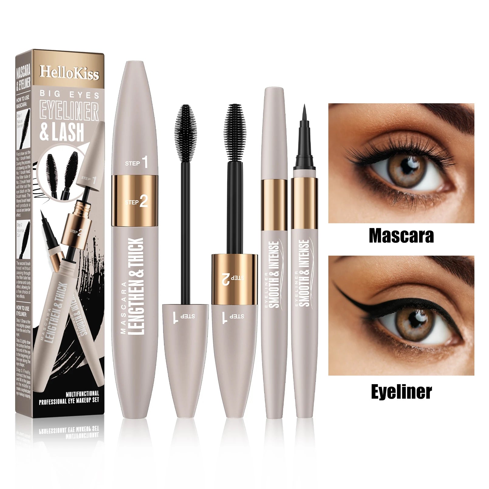 Waterproof & Sweat-Resistant Smudge-Proof Eyeliner, Lengthening & Thickening Mascara, Mascara & Eyeliner Combo Set Qme 9809