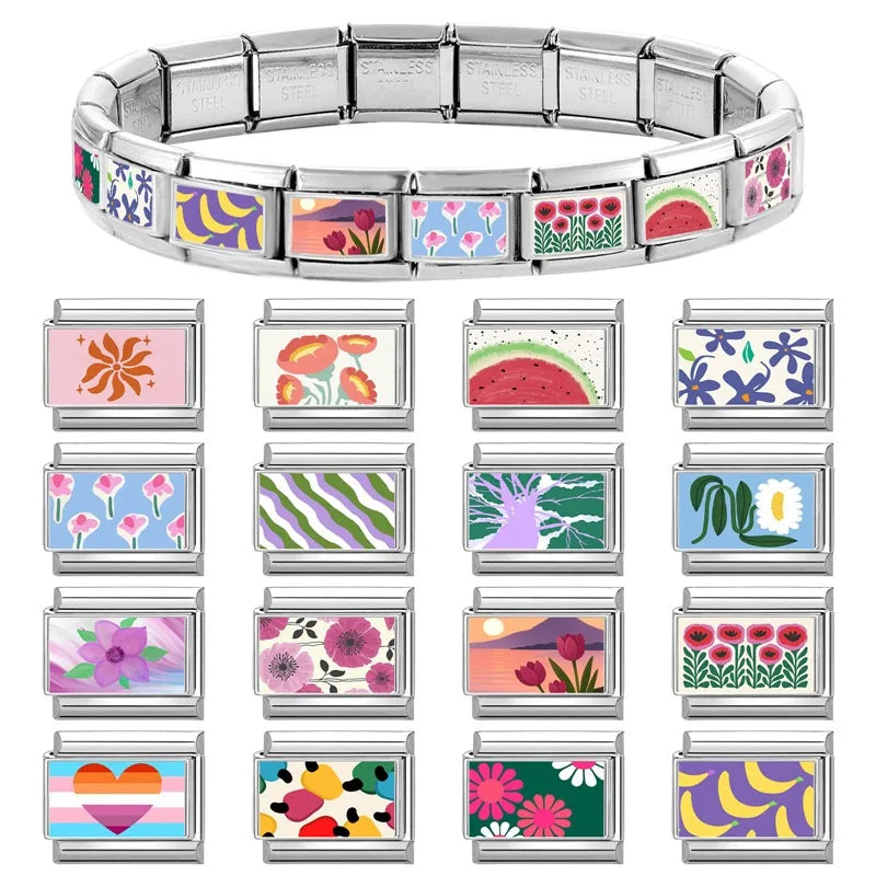 Fashion Lake Sunset Scenery Tulips Flowers Heart Italian Charm Links Fit 9mm Stainless Steel Bracelet Women Jewelry DIY Making Qme