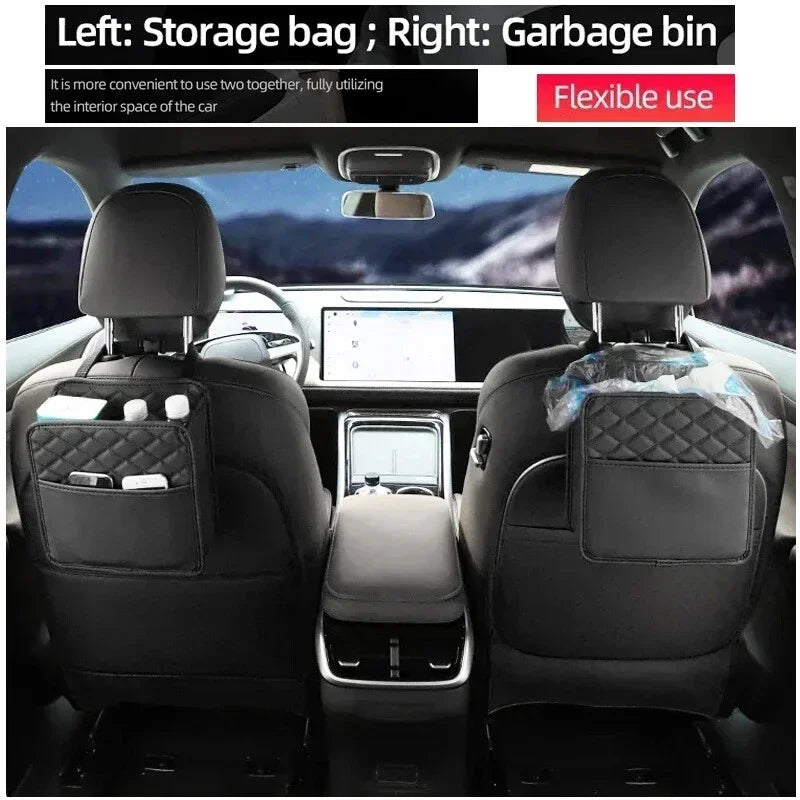 Car Seat Back Storage Bag Leather Auto Organizer Trash Can Holder Qme