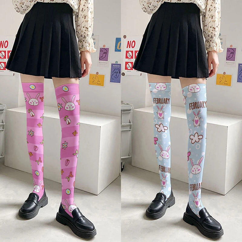 Cartoon Bear Rabbit Pattern 3D Printing Ladies Stockings Kawaii Sweet Qme