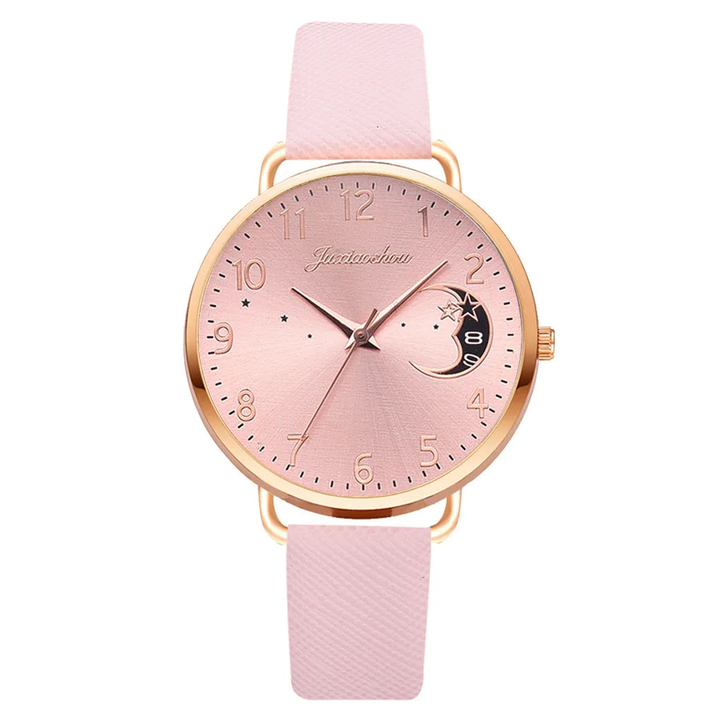 1-piece casual women's watch, moon digital dial, women's leather strap, quartz watch, women's watch Qme Pink No