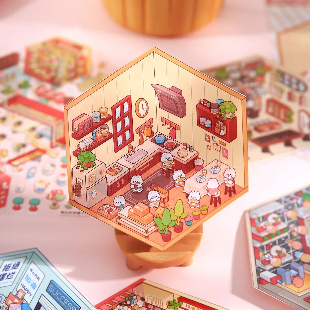 Mr Paper 45Pcs Scenes Cartoon Landscape Sticker Book Forest Village DIY 3D Sticker Cabin Scene Pocket Birthday Gift for Kid Qme