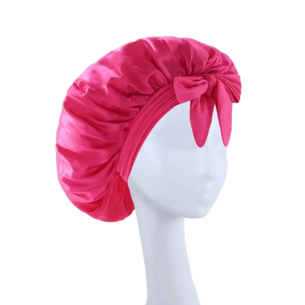 New Satin Solid Sleeping Hat With Stretchy Tie Band Elastic For Women Night Shower Cap Adjustable Hair Head Cover Bonnet Turban Qme Rose Red