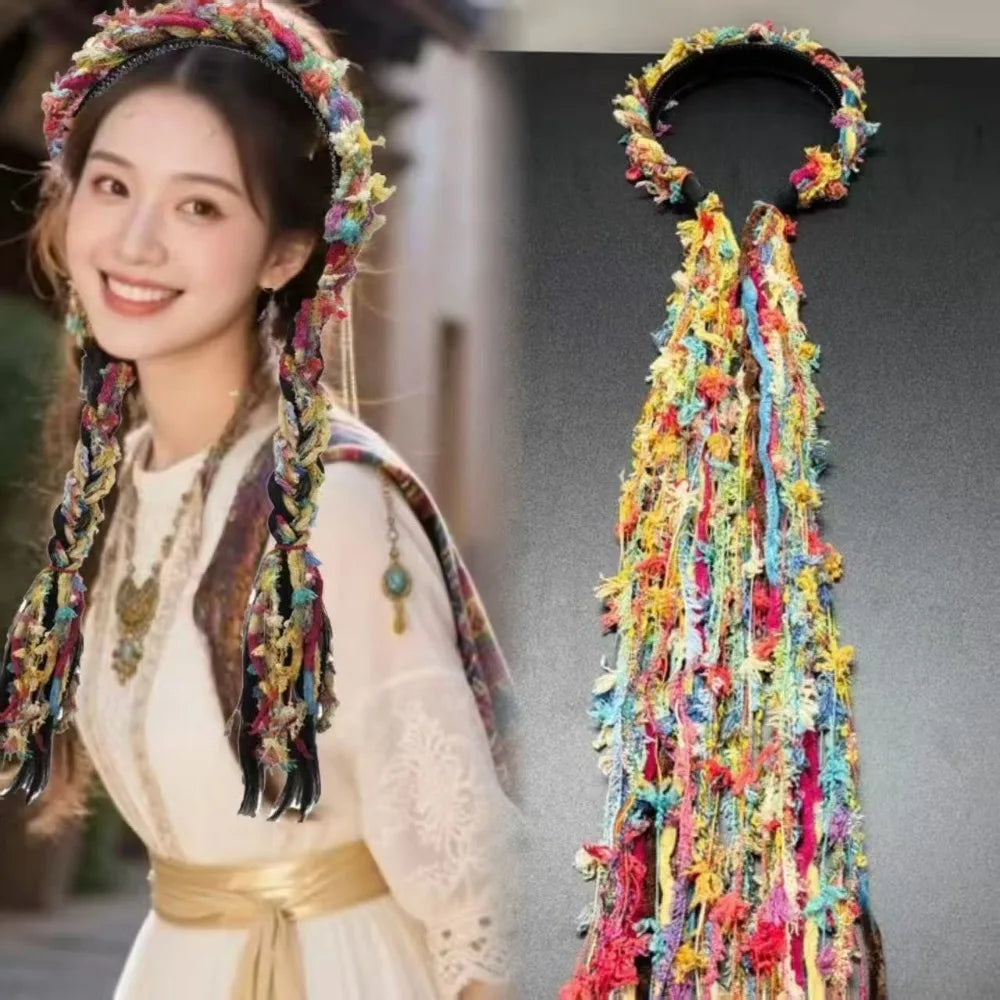 Boho Style Chinese Tibetan Hairband Colorful Ribbon Long Tassel Braid Hairband Candy Colored Weaving Ethnic Hair Hoop Qme Colorful